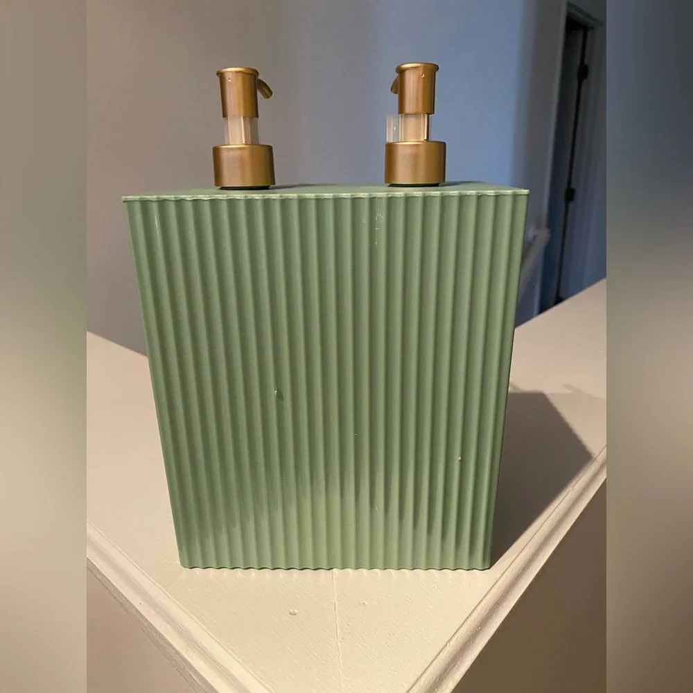 Green Ribbed Soap and lotion Dispenser with Gold Pumps